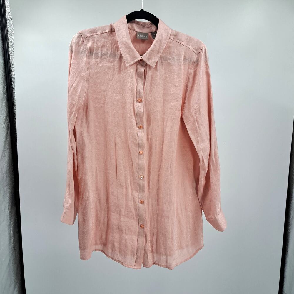 Chico's Shirt‎ Top 1 M Shimmery Metallic Long Sleeve Button Down Casual Pink